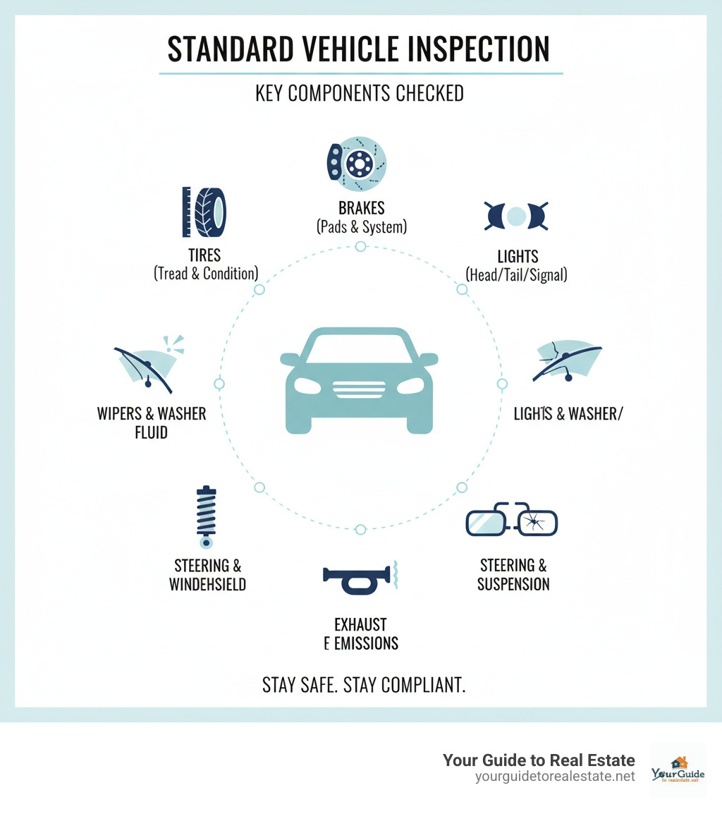Infographic showing the key components checked during a standard vehicle inspection including tire tread depth and condition, brake pad thickness and brake system function, headlights taillights and turn signals, windshield wipers and washer fluid, horn operation, exhaust system and emissions levels, steering and suspension components, and mirrors and windshield condition - car inspection near me infographic 