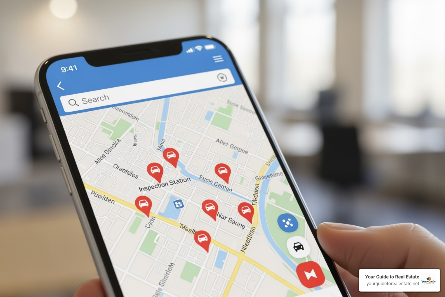 Smartphone showing a map with pins for car inspection stations - car inspection near me