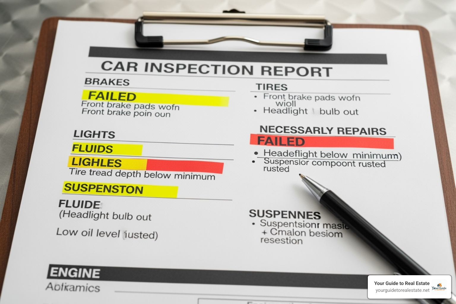 Failed inspection report highlighting necessary repairs - car inspection near me