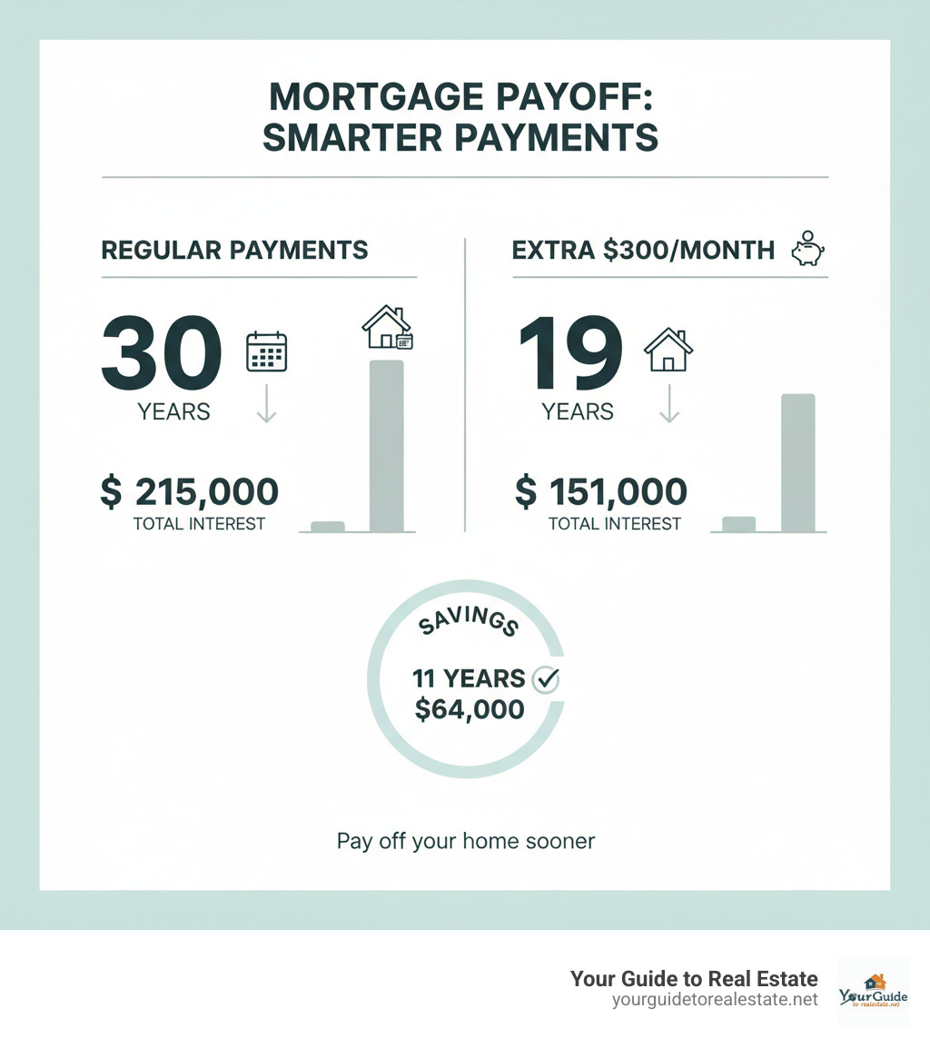 Infographic comparing a 30-year mortgage with regular payments versus one with $300 extra monthly payments, showing the original payoff takes 30 years with $215,000 total interest, while extra payments result in 19-year payoff with $151,000 total interest, saving $64,000 and 11 years - mortgage payoff calculator infographic 