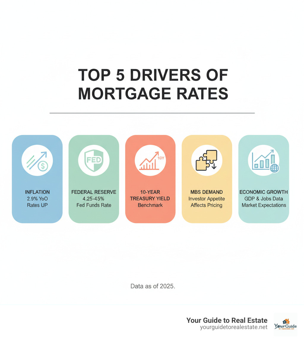 Infographic showing the top 5 drivers of mortgage rates: Inflation at 2.9% year-over-year pushing rates higher, Federal Reserve policy with current fed funds rate at 4.25%-4.5%, 10-Year Treasury yield serving as the benchmark that mortgage rates track closely, Mortgage-Backed Securities demand from investors affecting rate pricing, and Economic Growth indicators like GDP and employment data influencing market expectations - why are mortgage rates going up infographic 