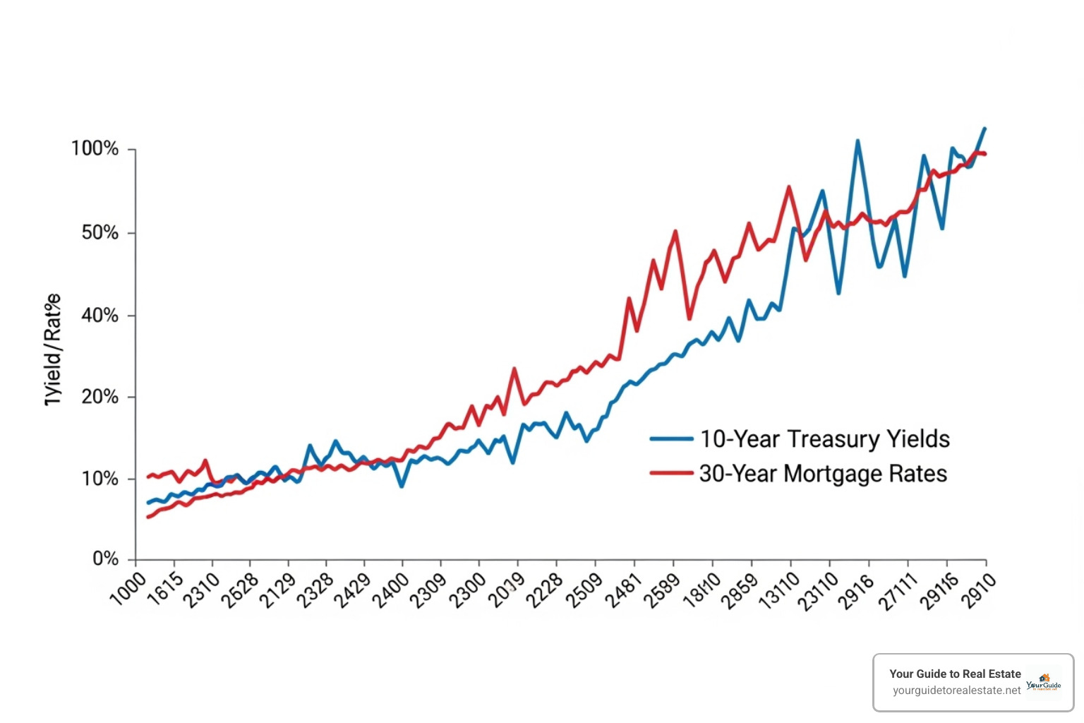 chart showing the correlation between the 10-year Treasury yield and 30-year mortgage rates - why are mortgage rates going up