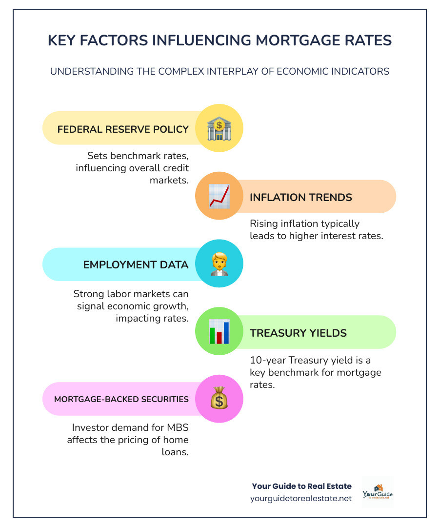 Infographic showing the relationship between Federal Reserve policy, Treasury yields, inflation rates, employment data, and mortgage-backed securities as key factors influencing mortgage rate direction - will mortgage rates go down infographic infographic-line-5-steps-colors