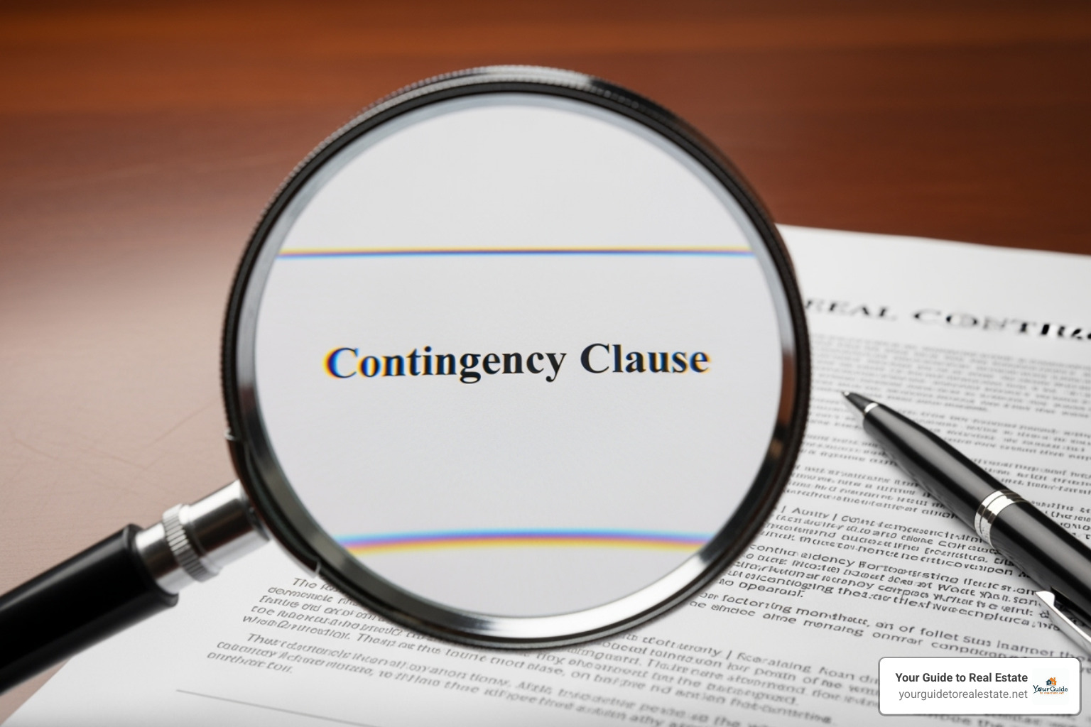 A magnifying glass hovering over a real estate contract highlighting a contingency clause - what does contingent mean
