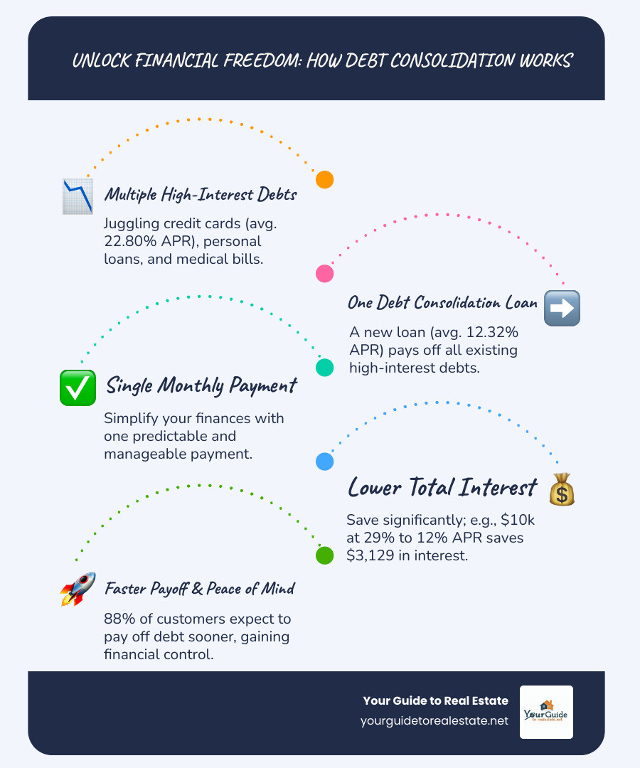 Infographic showing how multiple high-interest debts (credit cards at 22.80% APR, personal loans at various rates, medical bills) are combined into a single debt consolidation loan at 12.32% APR, resulting in one monthly payment, lower total interest, and faster payoff timeline - debt consolidation loan infographic infographic-line-5-steps-blues-accent_colors