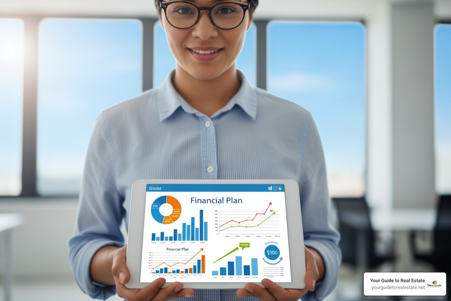 Person confidently looking at a financial plan on a tablet, smiling, with a bright, clear background symbolizing a positive financial future - debt consolidation loan