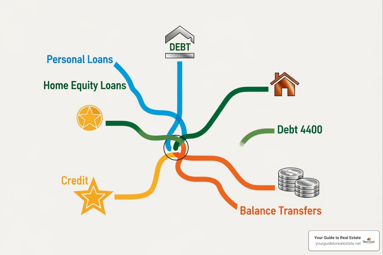 Flowchart showing paths for debt consolidation, including unsecured personal loans, secured home equity loans, HELOCs, and balance transfer credit cards, with decision points for credit score, homeownership, and debt amount - debt consolidation loan