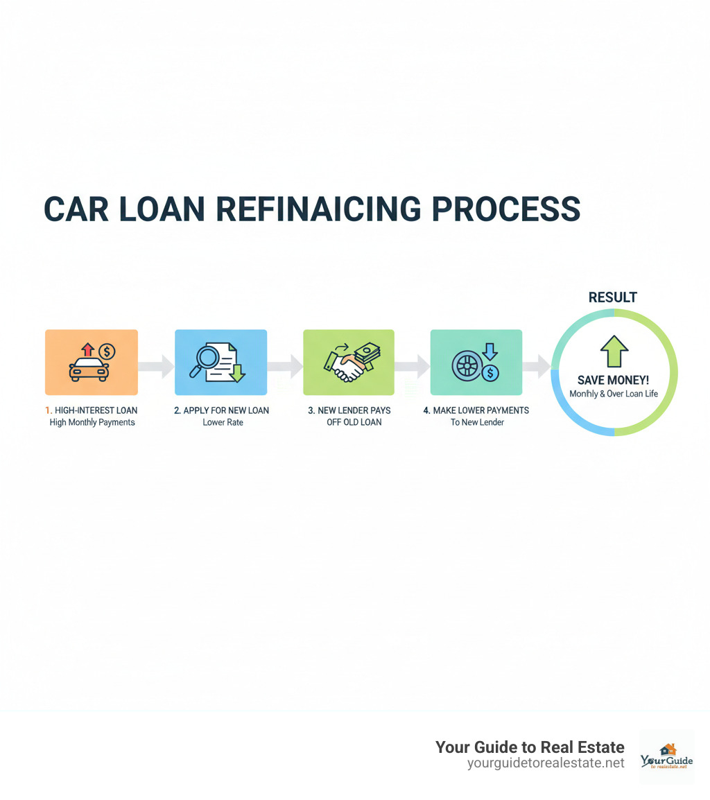 Infographic showing car loan refinancing process: Step 1 - Current high-interest loan with monthly payment, Step 2 - Apply for new loan with lower rate, Step 3 - New lender pays off old loan, Step 4 - Make lower payments to new lender, Result - Save money monthly and over loan life - refinance car loan infographic 