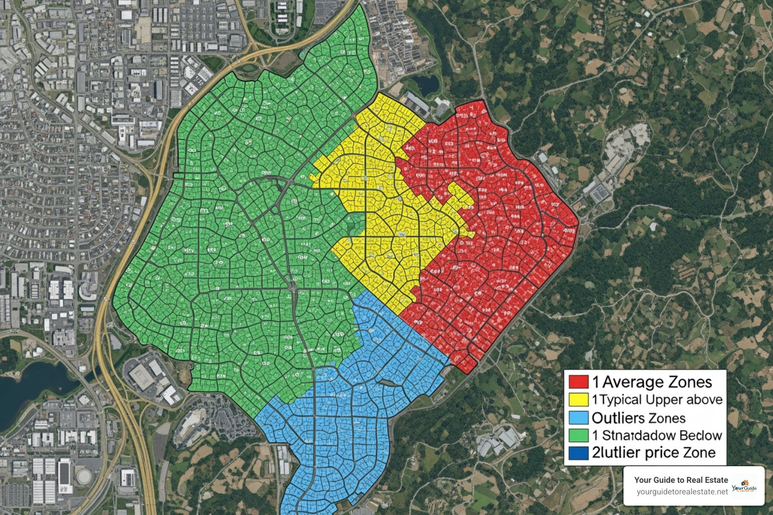 A real estate market analysis using the empirical rule on a map of home prices, showing clusters of properties within different standard deviation ranges, highlighting average, typical, and outlier price zones - empirical rule