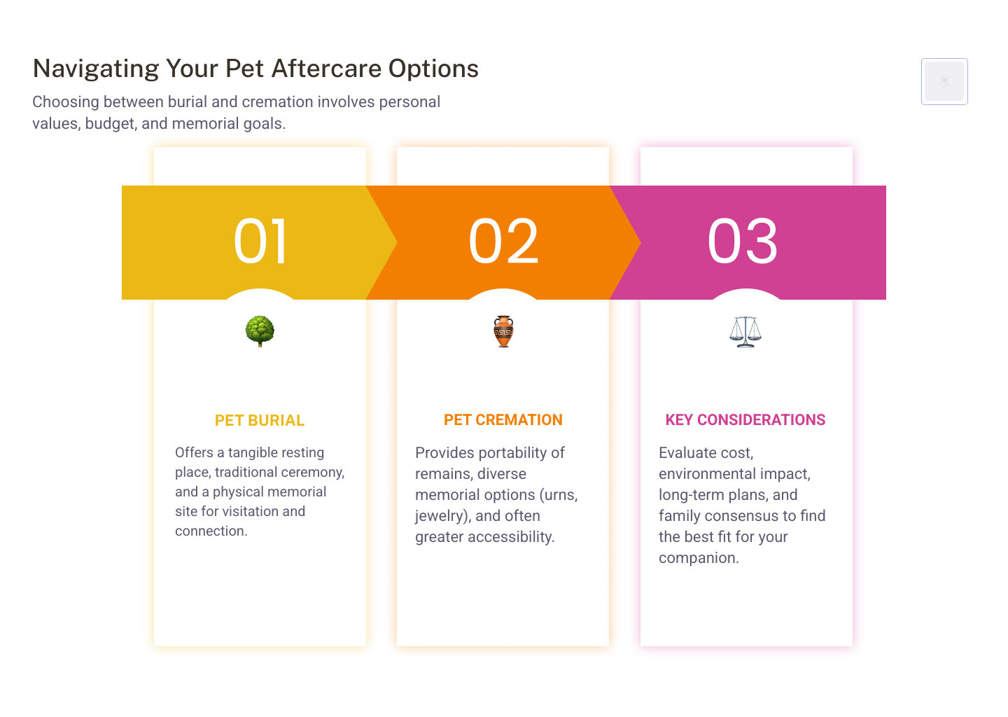 TABLE comparing Pet Burial and Pet Cremation on factors like cost, environmental impact, memorial options, and accessibility - pet burial near me infographic pillar-3-steps