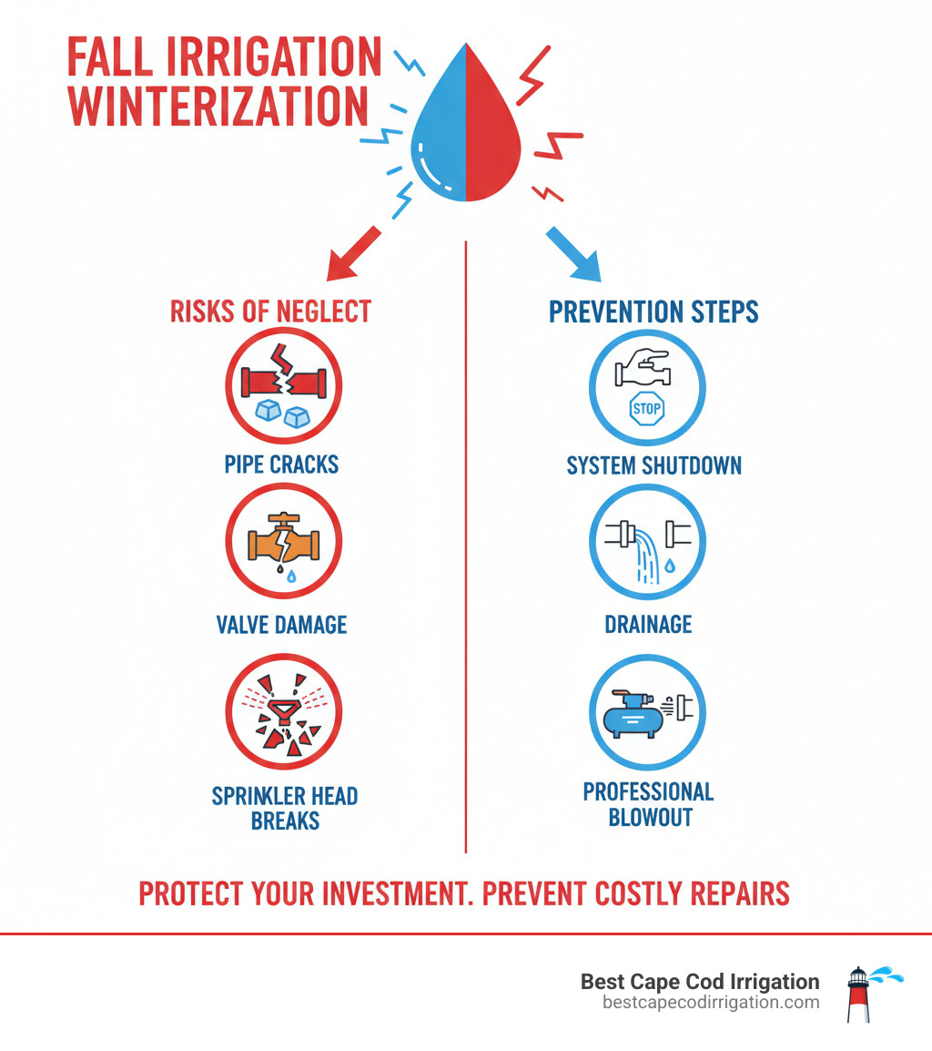 Fall irrigation winterization process showing water expanding when frozen, causing pipe cracks, valve damage, and sprinkler head breaks, with prevention steps including system shutdown, drainage, and professional blowout service - fall irrigation system maintenance infographic 