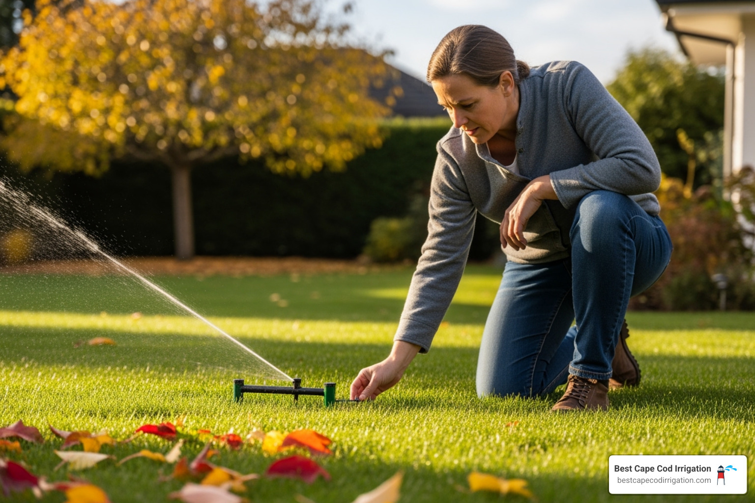 homeowner inspecting a pop-up sprinkler head - fall irrigation system maintenance