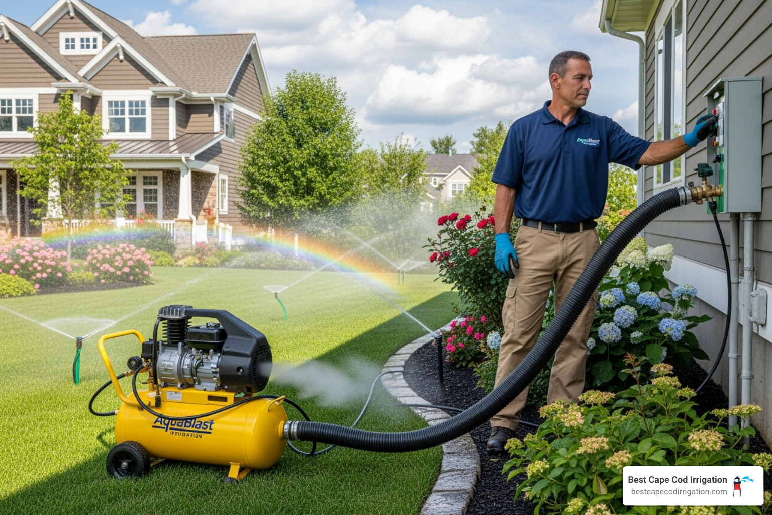professional using large air compressor to blow out irrigation system - fall irrigation system maintenance