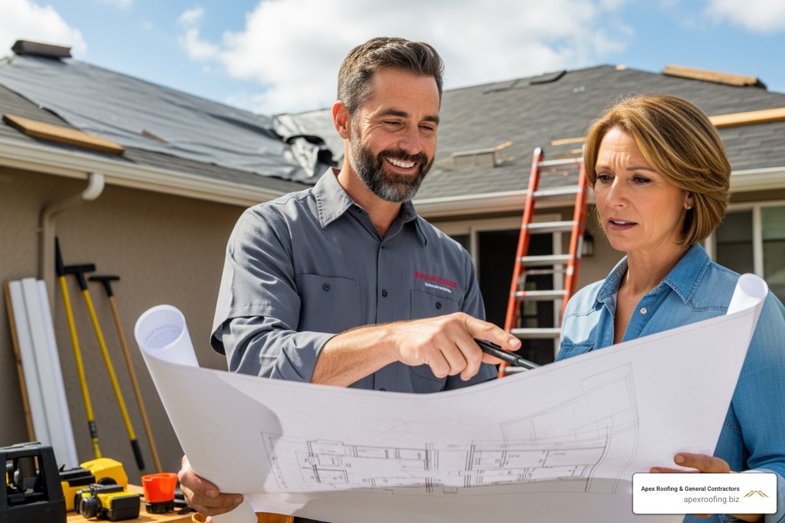 A friendly roofing contractor discussing roof repair plans with a homeowner, pointing at a blueprint - roof company san antonio