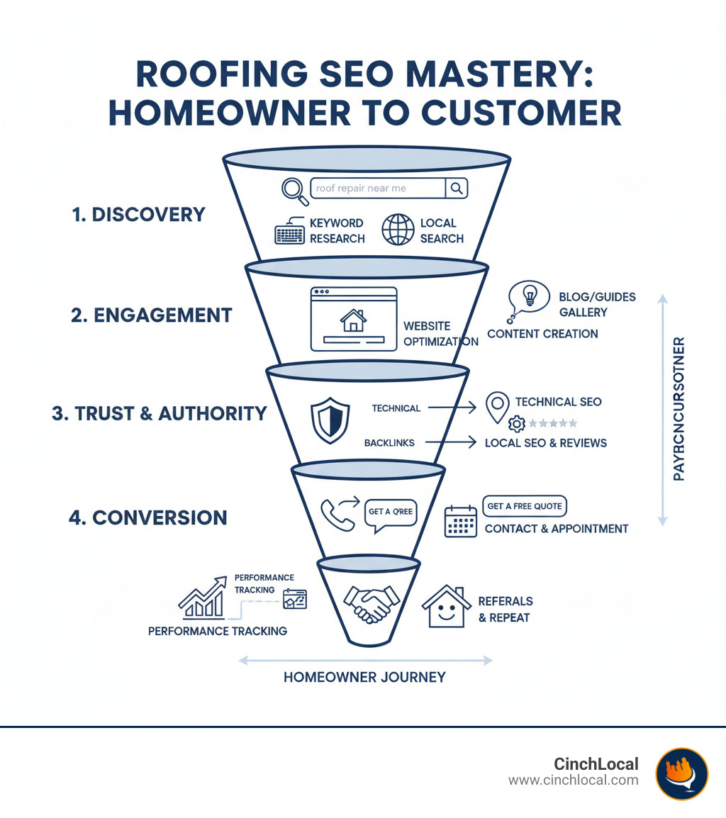 Comprehensive infographic showing the complete roofing SEO process from initial keyword research and website optimization through local SEO implementation, content creation, technical improvements, and performance tracking, with specific focus on how homeowners search for roofing services and convert into paying customers - expert roofing seo services infographic 