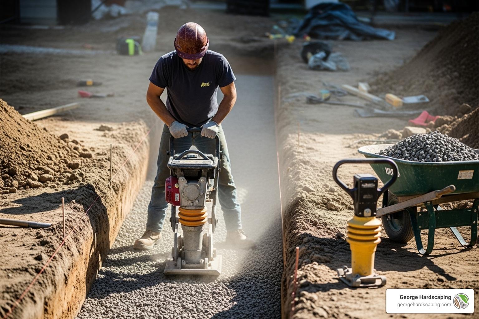 A worker compacting a freshly laid layer of crushed stone in an excavated trench, with a wheelbarrow and hand tamper visible nearby. - laying bluestone walkway