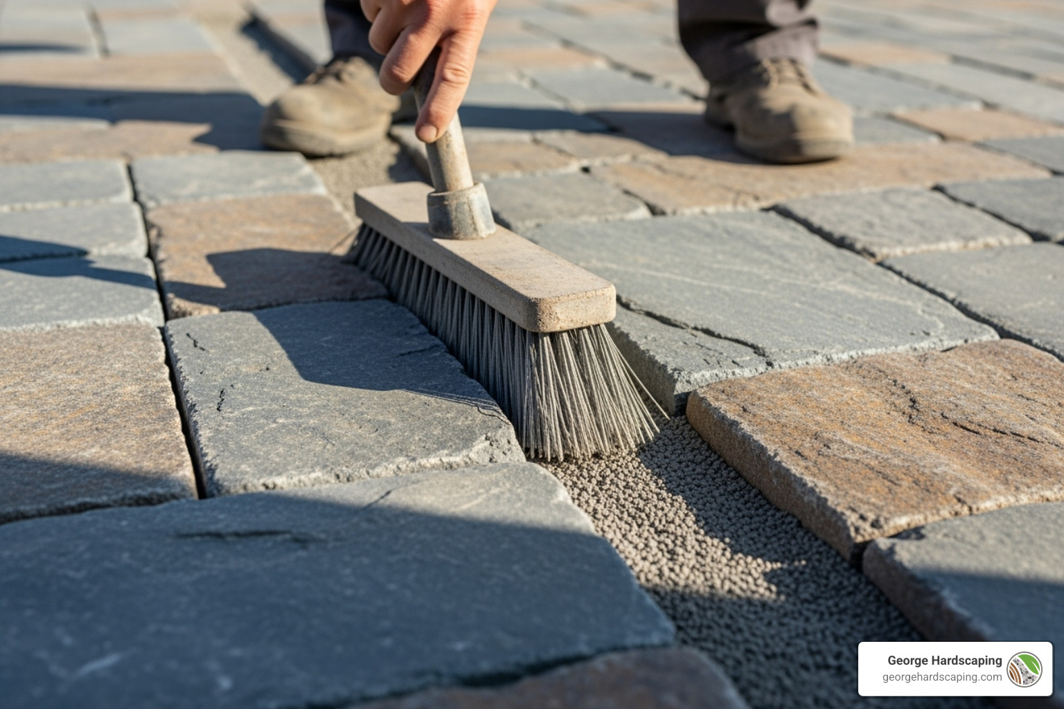 A person sweeping polymeric sand into the joints of a newly laid bluestone walkway, ensuring even distribution. - laying bluestone walkway