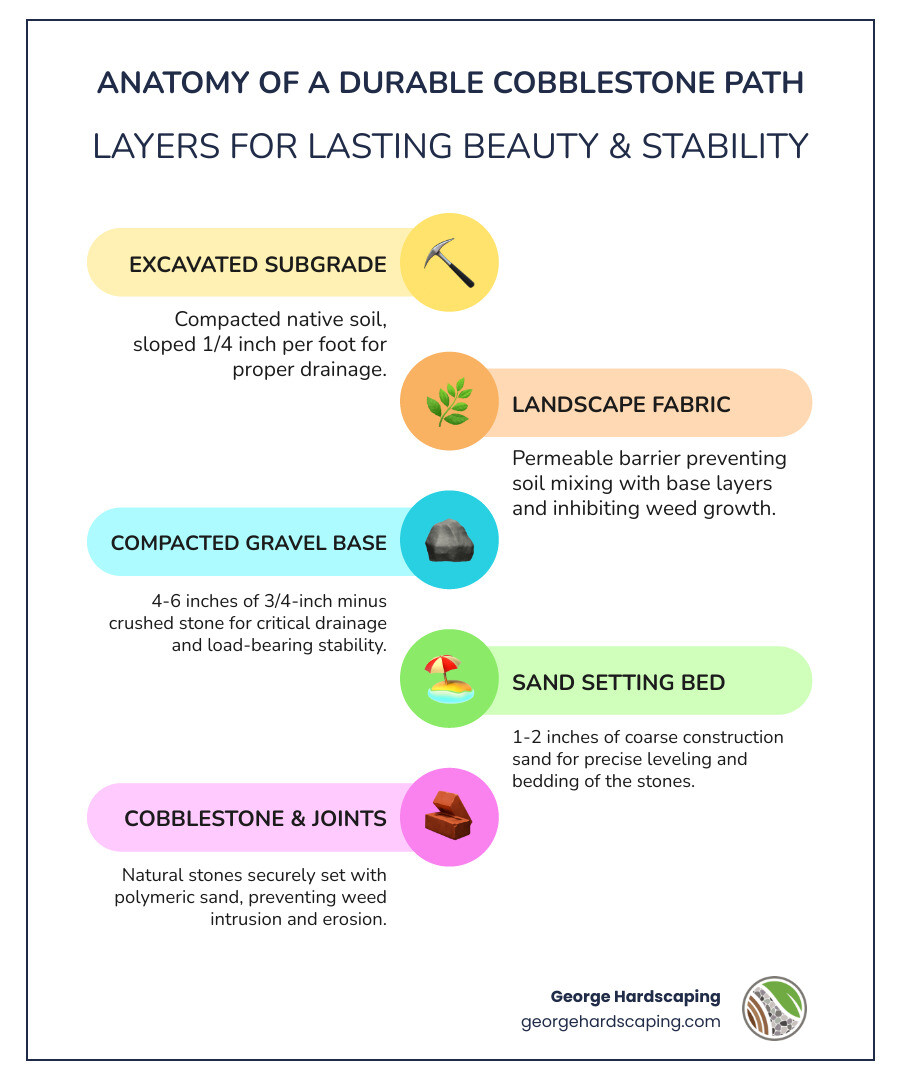 Cross-section diagram showing proper cobblestone walkway construction with labeled layers: excavated subgrade at bottom, landscape fabric, 4-6 inch compacted gravel base, 1-2 inch sand setting bed, cobblestone pavers on top, and polymeric sand joint filler between stones - laying cobblestone walkway infographic infographic-line-5-steps-colors