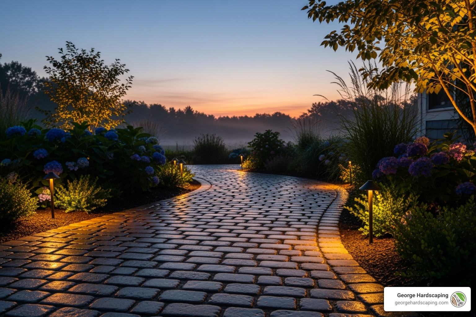 finished cobblestone path at dusk with low-voltage path lighting - laying cobblestone walkway