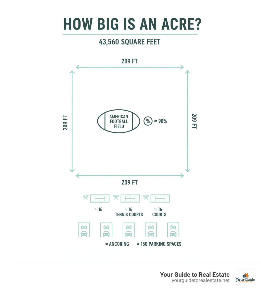 Infographic showing acre measurements: 43,560 square feet total area, approximately 209 feet by 209 feet for a square acre, equivalent to about 90% of an American football field, with visual comparisons to tennis courts and parking spaces - how big is an acre in feet infographic 