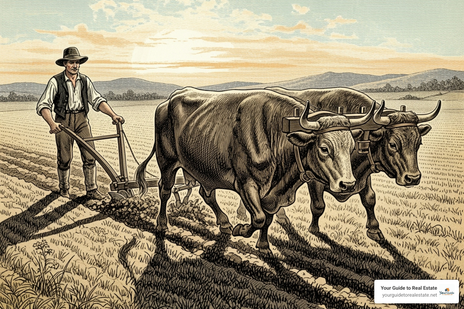 Vintage illustration of oxen plowing a field, depicting the historical origin of the acre measurement - how big is an acre in feet