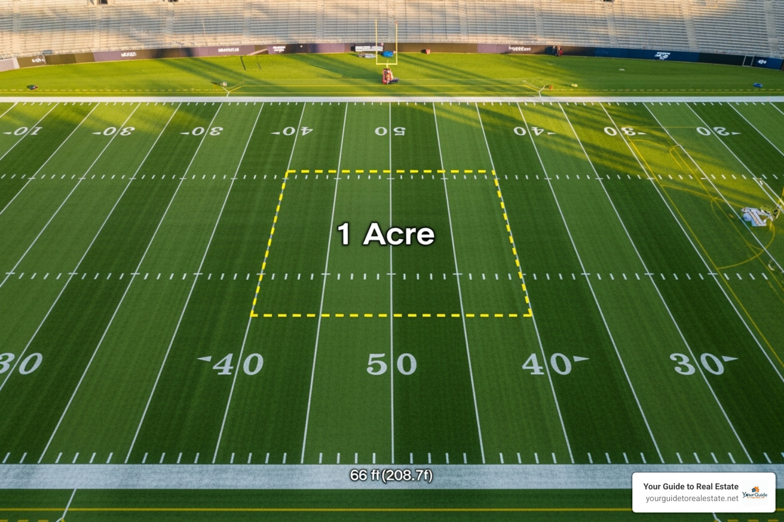 Image comparing the size of an acre to an American football field, showing the acre as slightly smaller than the field's playing area - how big is an acre in feet
