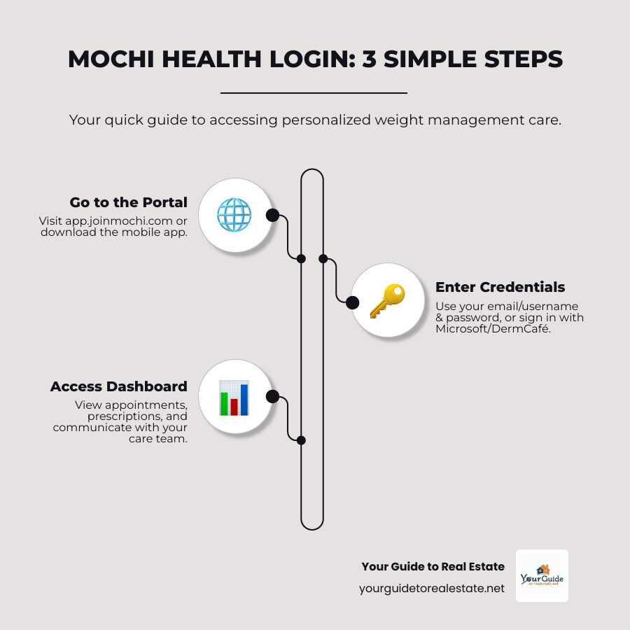 Infographic showing Mochi Health login process: Step 1 shows computer screen with portal URL app.joinmochi.com, Step 2 shows login form with email and password fields plus alternative login options, Step 3 shows dashboard with appointment calendar, messaging icon, prescription bottle, and user profile - mochi health login infographic infographic-line-3-steps-neat_beige Infographic showing Mochi Health login process: Step 1 shows computer screen with portal URL app.joinmochi.com, Step 2 shows login form with email and password fields plus alternative login options, Step 3 shows dashboard with appointment calendar, messaging icon, prescription bottle, and user profile - mochi health login infographic infographic-line-3-steps-neat_beige