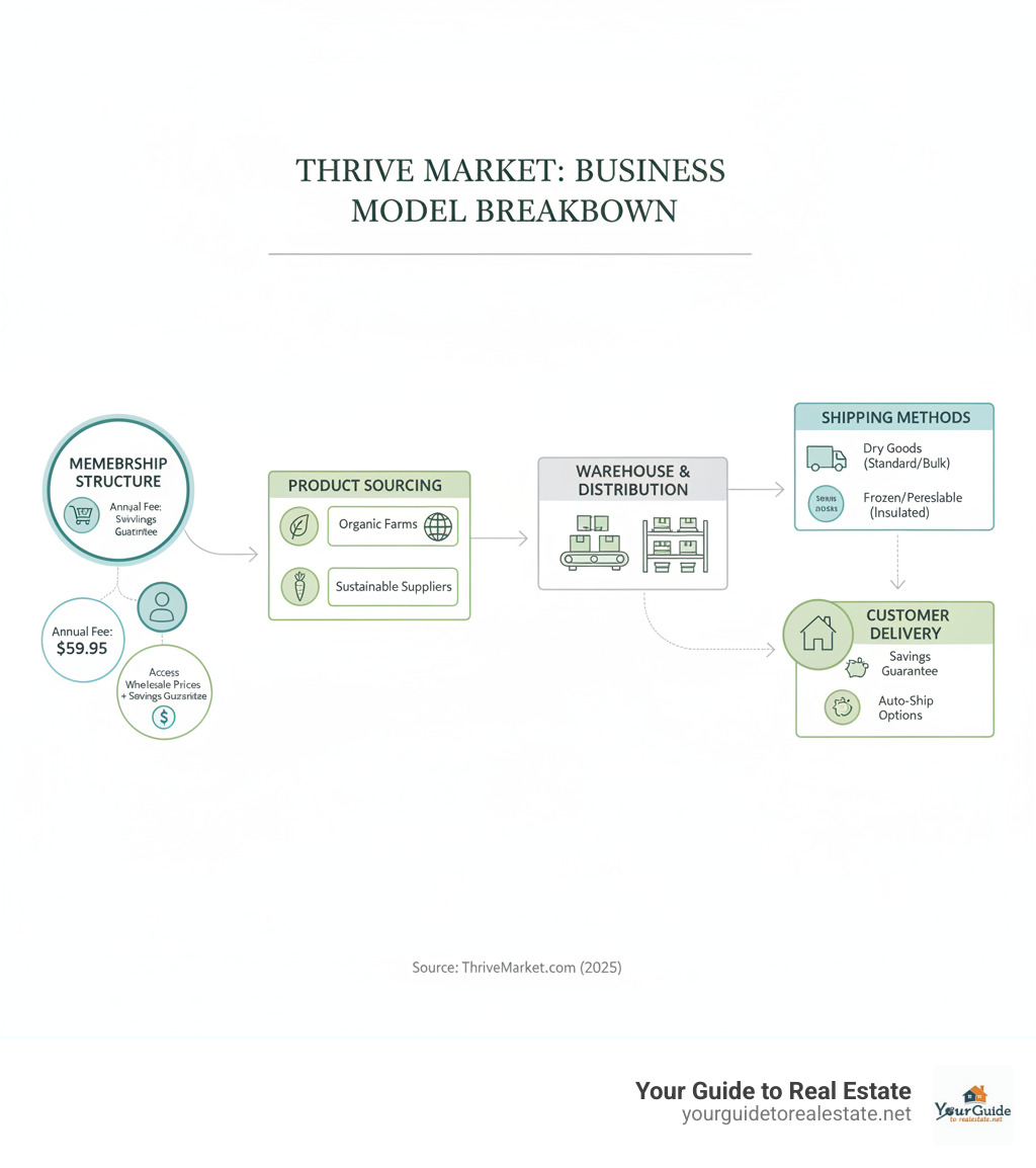 Comprehensive breakdown of Thrive Market's business model showing membership structure, product sourcing from organic farms and sustainable suppliers, warehouse distribution system, shipping methods for different product categories, and delivery to customers with savings guarantee and auto-ship options - thrive market reviews infographic 