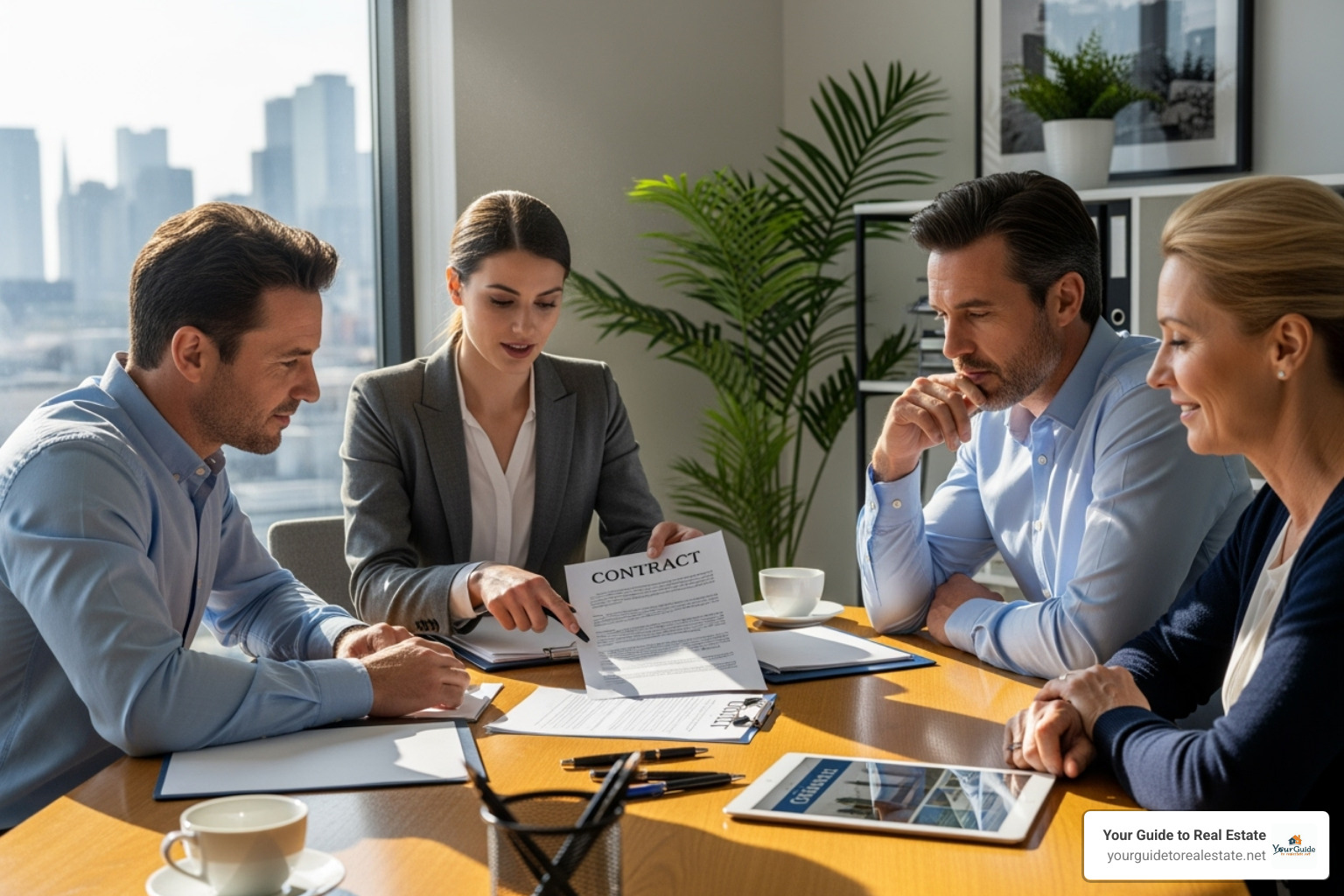 A buyer and seller reviewing a contract with a real estate agent - contingent meaning on a house
