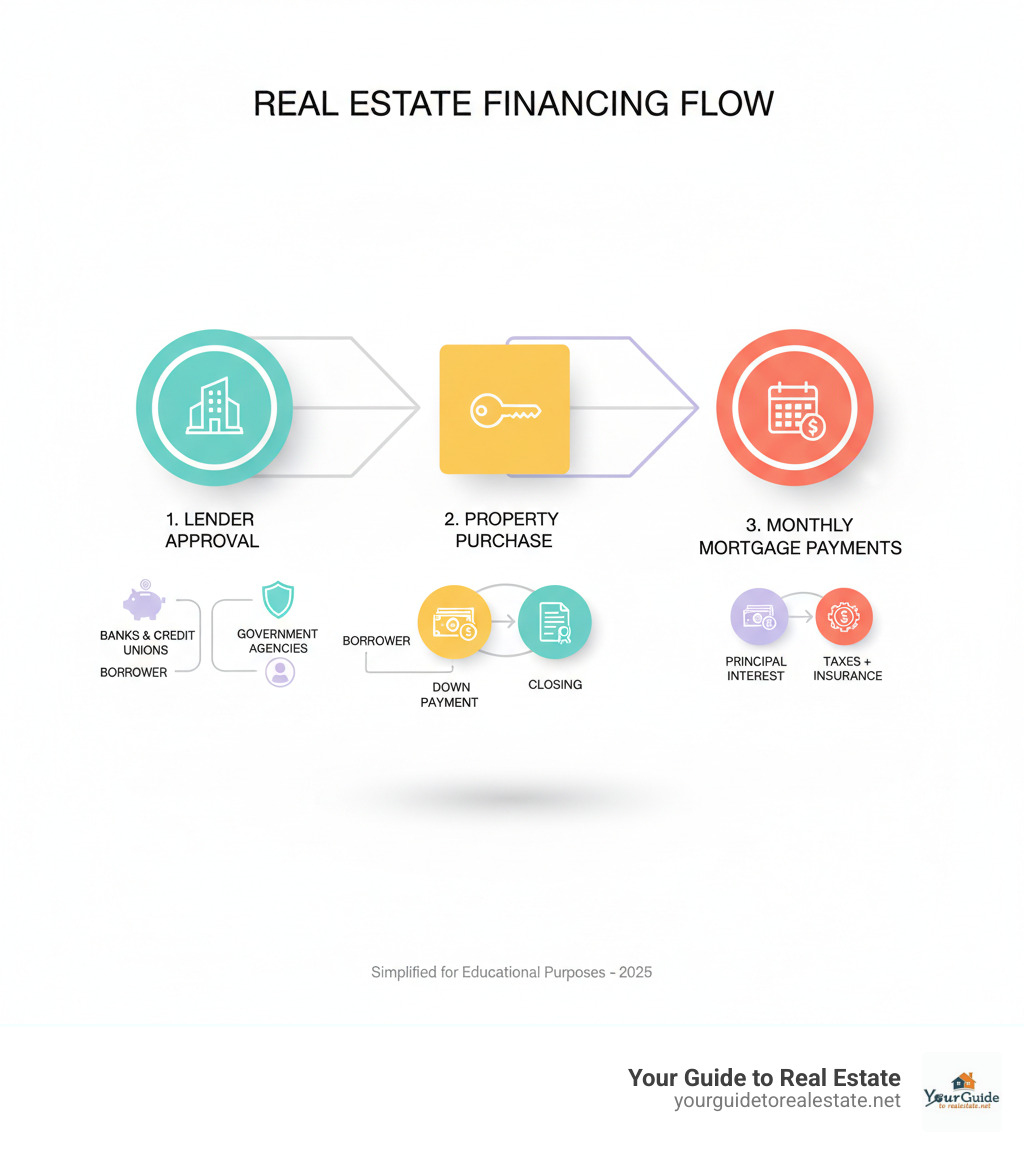 Infographic showing the flow of real estate financing from lender approval through property purchase to monthly mortgage payments, including key players like banks, government agencies, and borrowers - real estate financing infographic 
