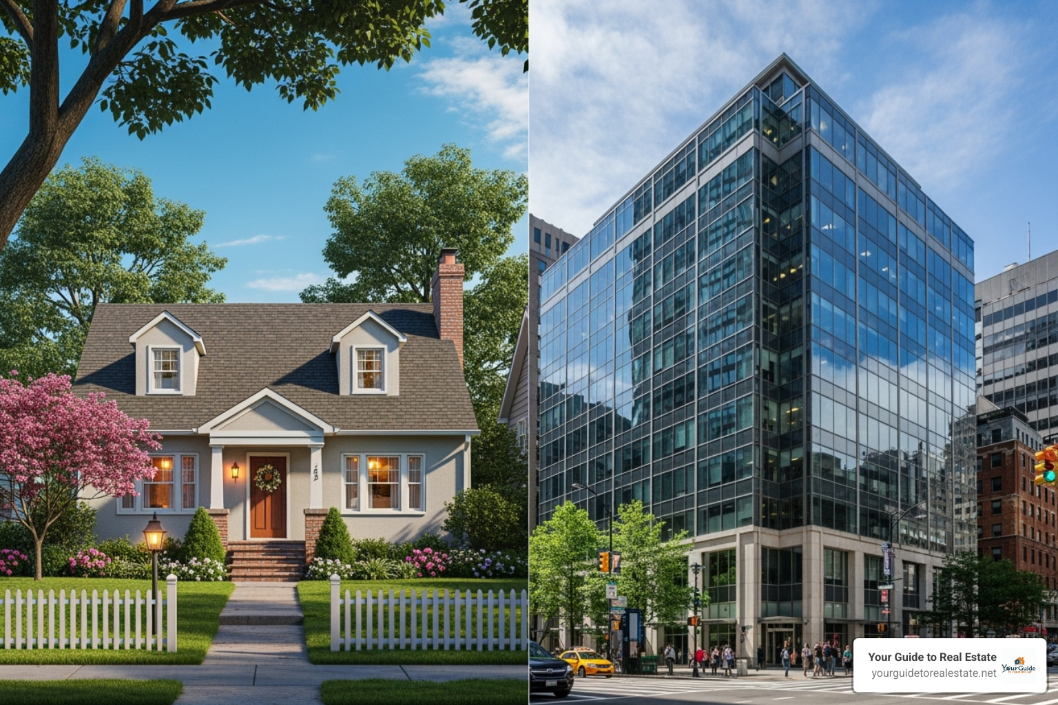 Split screen showing a cozy single-family home on one side and a busy commercial office building on the other - real estate financing