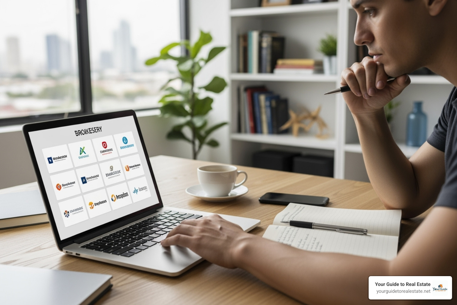 person researching brokerage logos on laptop - choosing a real estate broker
