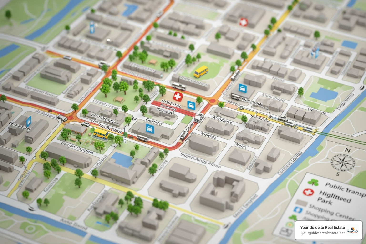 A detailed map of a neighborhood highlighting various amenities such as schools, parks, hospitals, shopping centers, and public transport routes, with a focus on how these elements contribute to property value. - real estate valuation