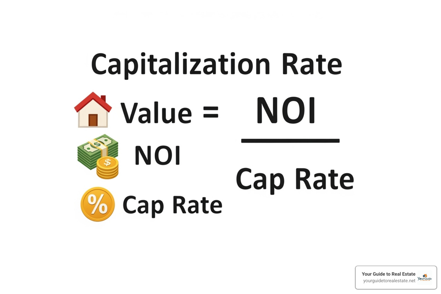 Image of the capitalization rate formula: Value = NOI / Cap Rate, with brief explanations for each component. - real estate valuation