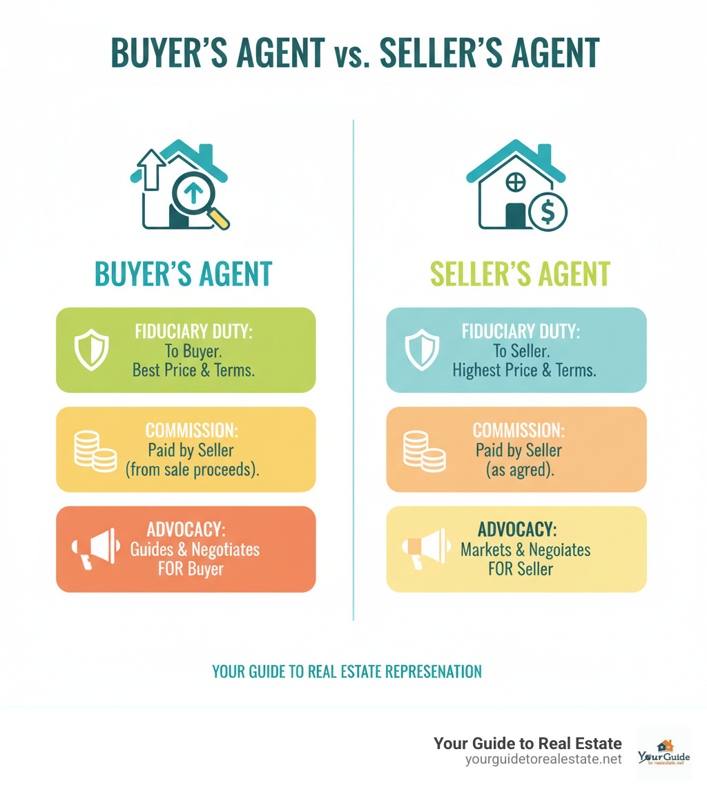 Infographic showing the difference between buyer's agents and seller's agents, including their fiduciary duties, who pays their commission, and how they advocate for their respective clients throughout the transaction process - find buyers agent infographic 