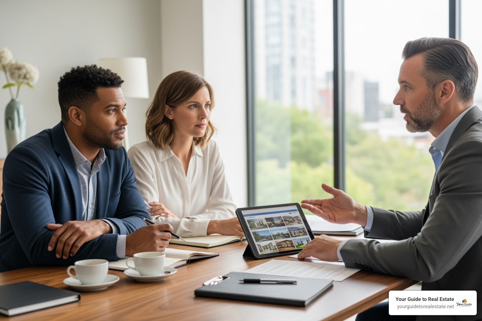 couple sitting at a table interviewing a real estate agent - find buyers agent