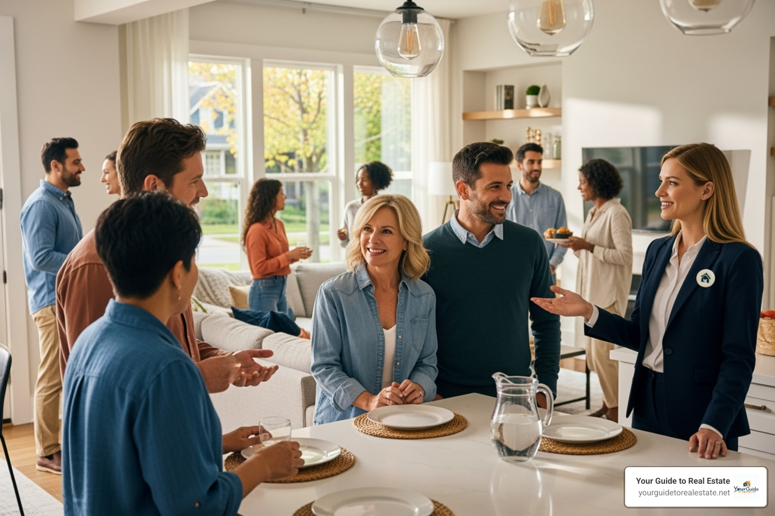 diverse group of people talking at a neighborhood open house - find buyers agent