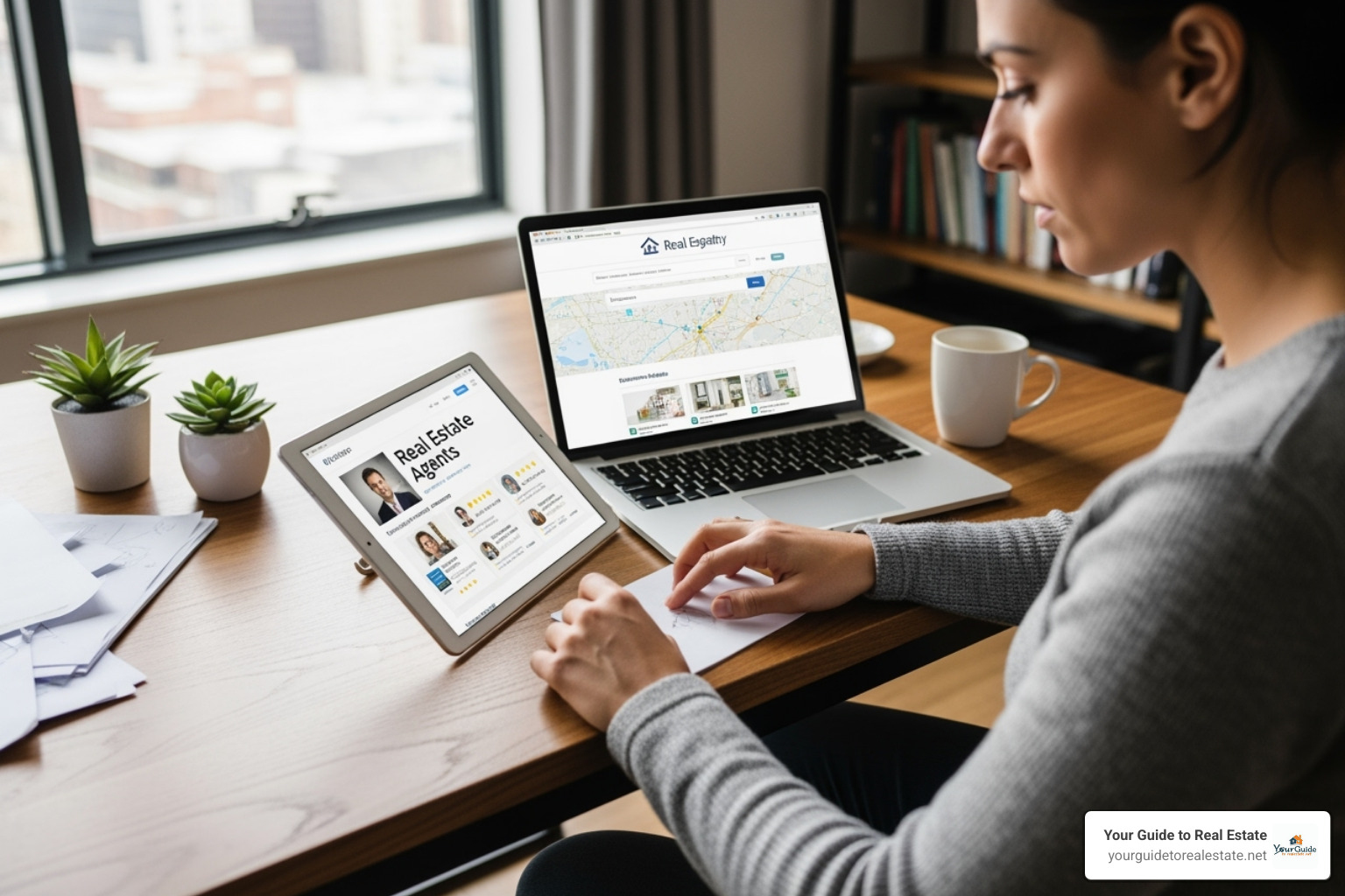 person researching real estate agents on a laptop and tablet - find buyers agent