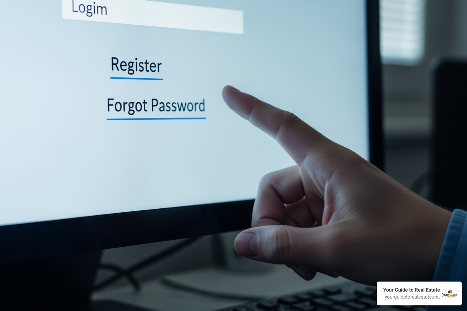 Person pointing to the 'Register' and 'Forgot Password' links on a screen - mohela login