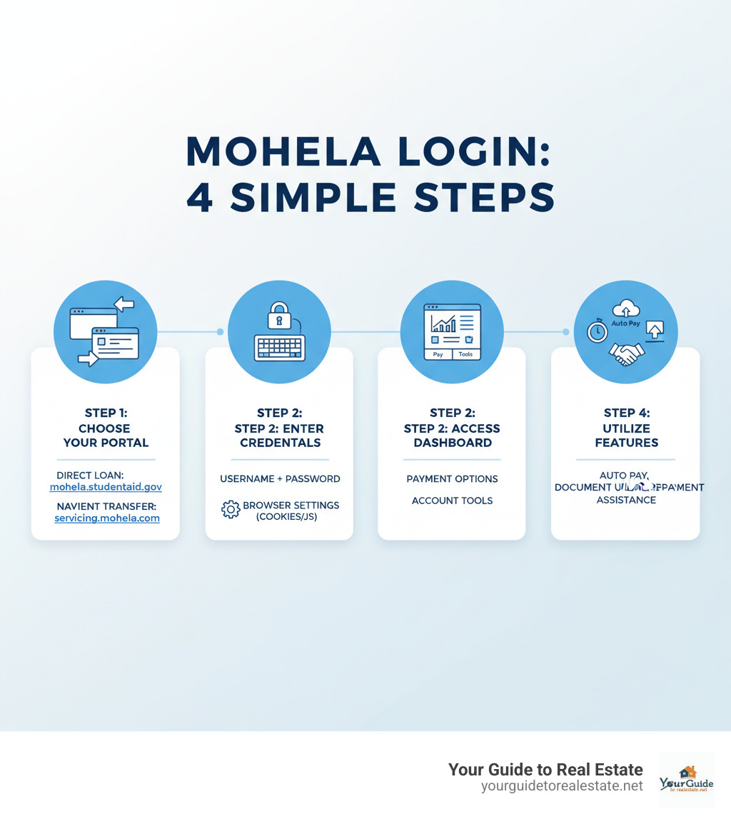 Comprehensive infographic showing MOHELA login process: Step 1 - Choose correct portal based on loan type, Step 2 - Enter username and password with browser settings enabled, Step 3 - Access dashboard with payment options and account tools, Step 4 - Use features like Auto Pay, document upload, and repayment assistance - mohela login infographic 