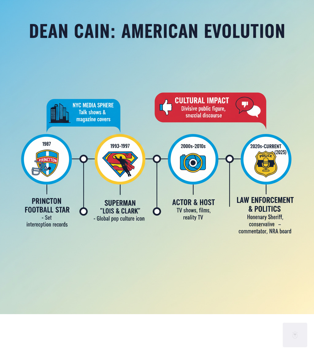 Detailed timeline infographic showing Dean Cain's career progression from 1987 Princeton football star through his 1993-1997 Superman years to his current law enforcement and political activities, with specific callouts to his New York City media appearances and cultural impact - dean cain infographic Detailed timeline infographic showing Dean Cain's career progression from 1987 Princeton football star through his 1993-1997 Superman years to his current law enforcement and political activities, with specific callouts to his New York City media appearances and cultural impact - dean cain infographic