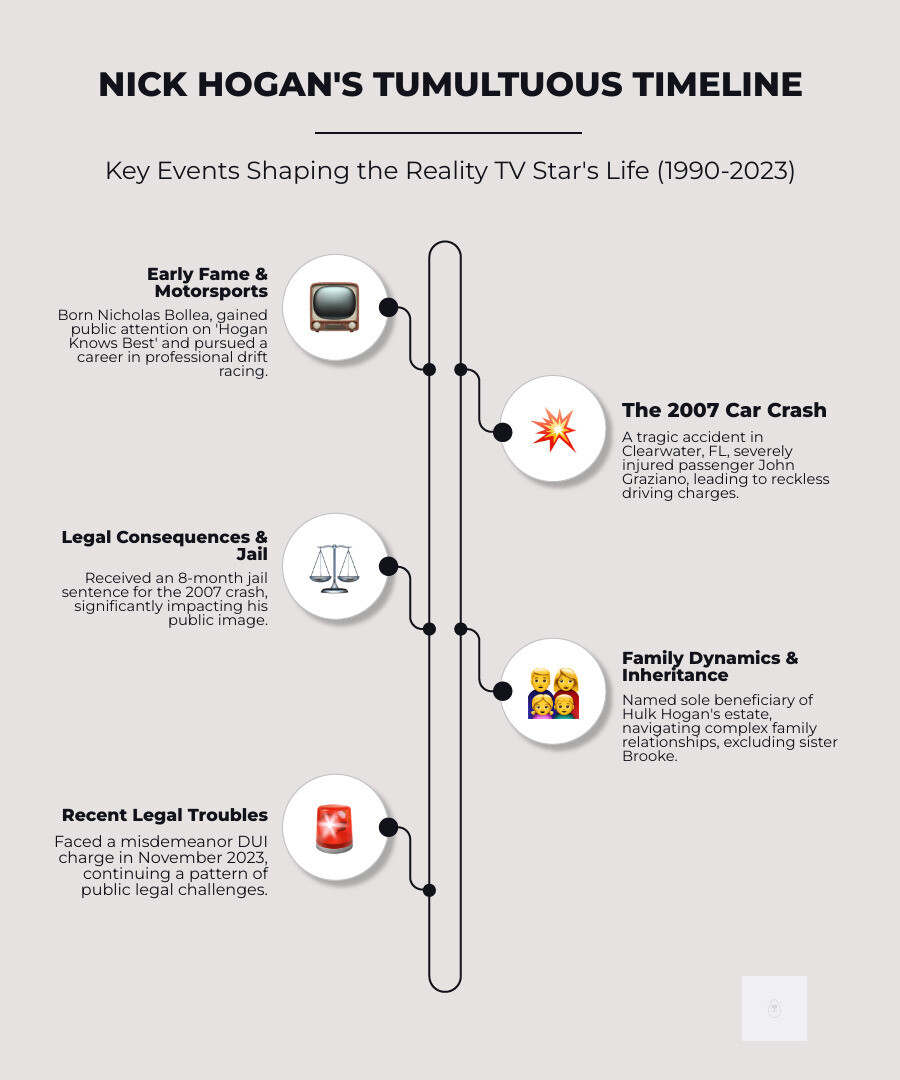 Detailed timeline infographic showing Nick Hogan's major life events from birth in 1990 through 2023, including his reality TV career, motorsports involvement, 2007 crash and legal consequences, family relationships, and recent developments with his father's will - nick hogan infographic infographic-line-5-steps-neat_beige