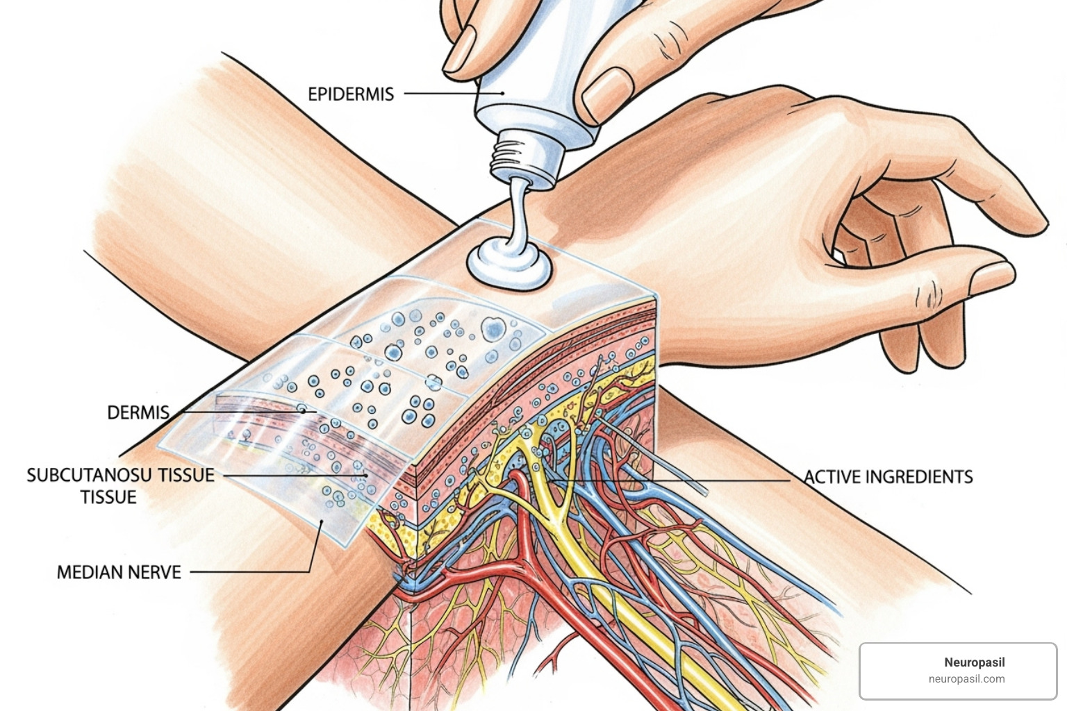 Diagram showing cream application on the wrist, with active ingredients penetrating the epidermis, dermis, and reaching the underlying tissues and median nerve - carpal tunnel cream
