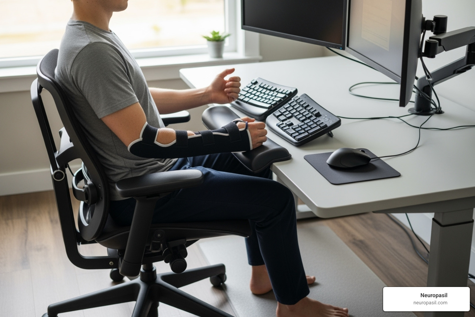 Person wearing a wrist splint while working at a computer with proper ergonomic setup - carpal tunnel cream