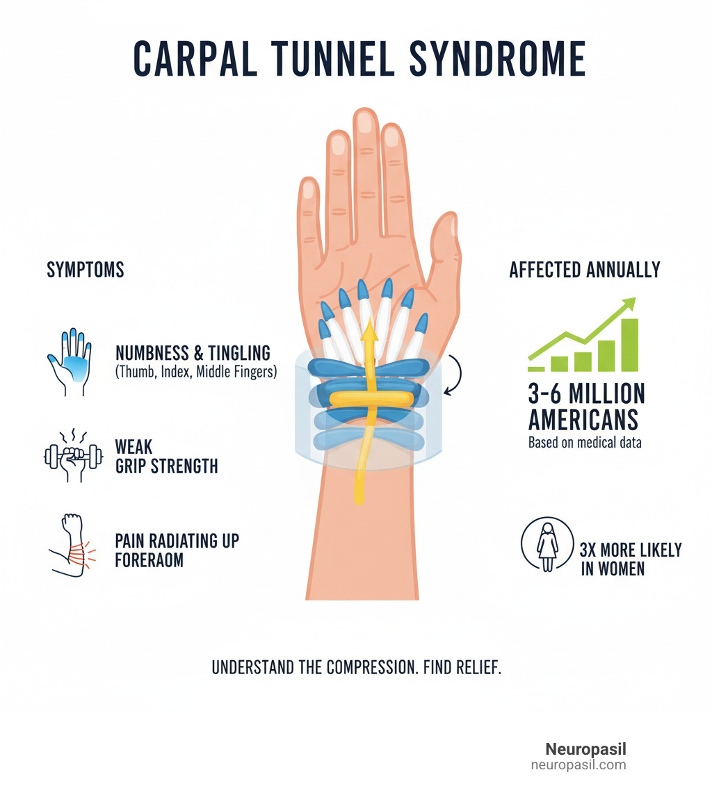 Detailed infographic showing carpal tunnel syndrome anatomy with the median nerve compressed in the wrist tunnel, common symptoms including numbness in thumb and first three fingers, tingling sensations, weakness in grip strength, and pain radiating up the forearm, plus statistics showing millions affected annually - carpal tunnel cream infographic 