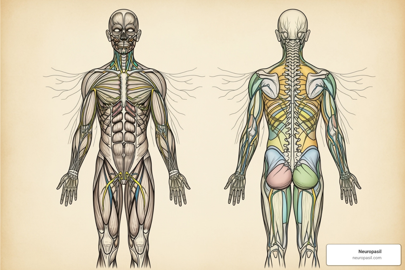 Dermatome map showing nerve pathways and areas of sensation - Nerve root pain