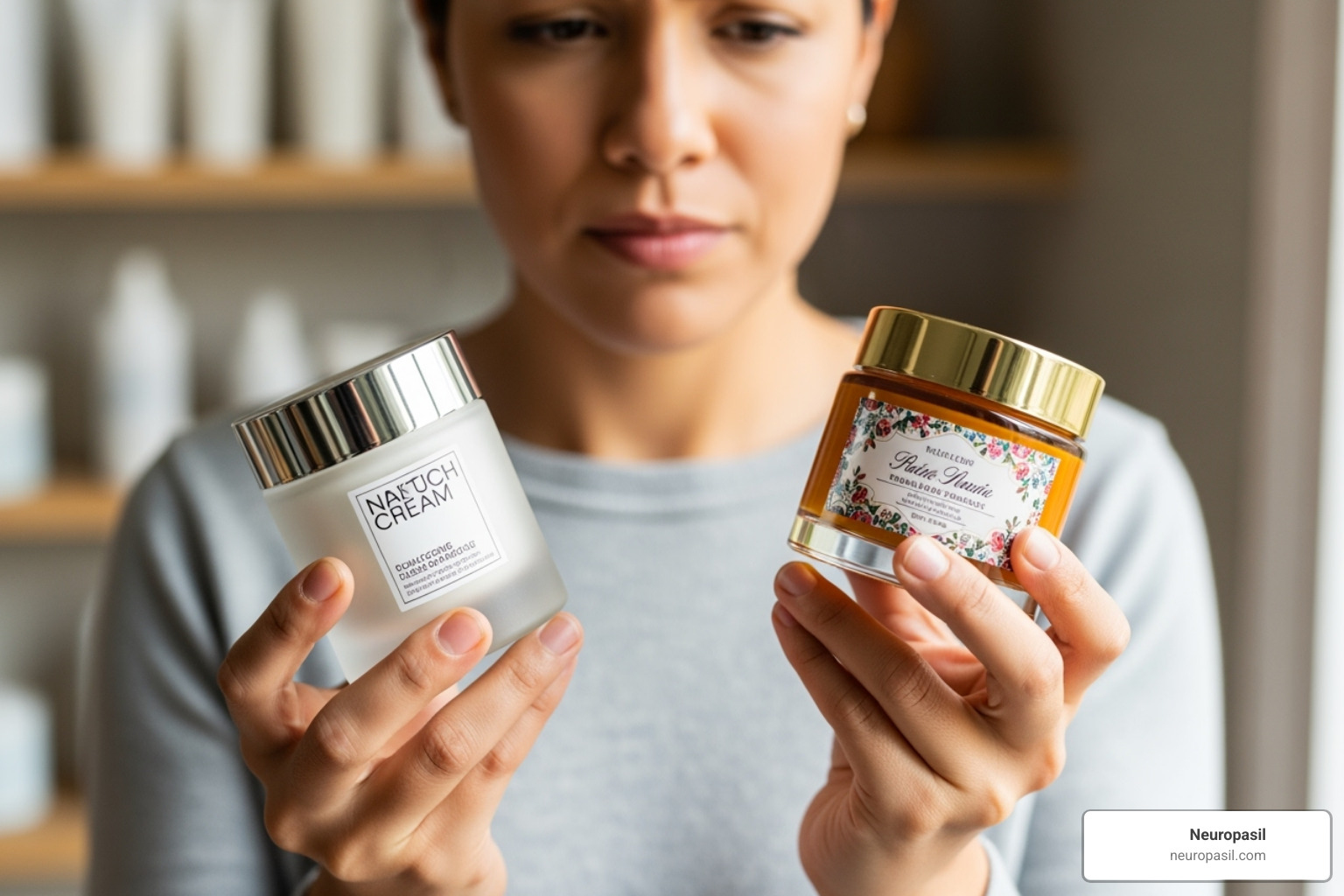 person comparing two different jars of cream - best neuropathy nerve pain relief cream