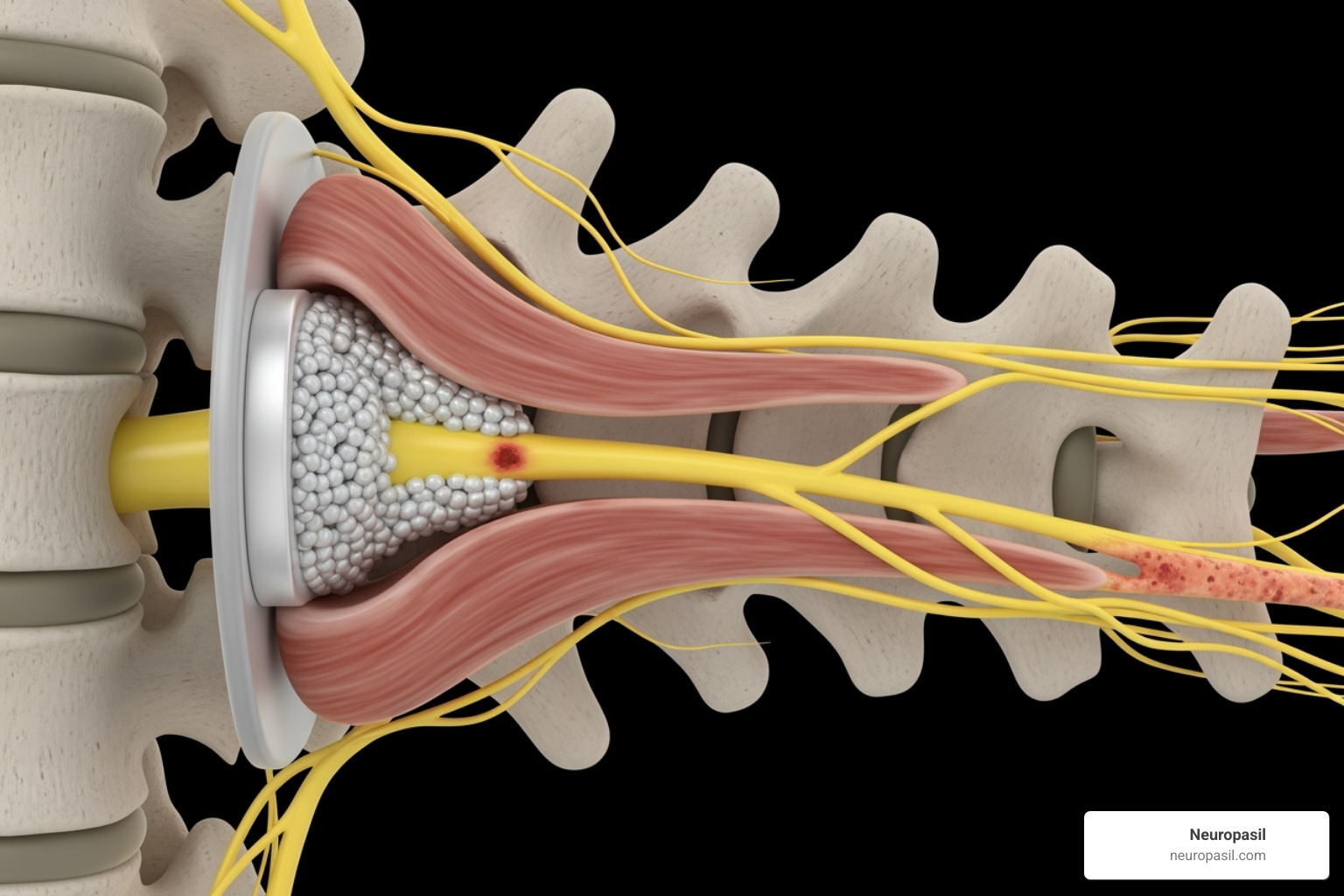Image of a herniated disc pressing on a nerve root - how to relieve sciatic nerve pain