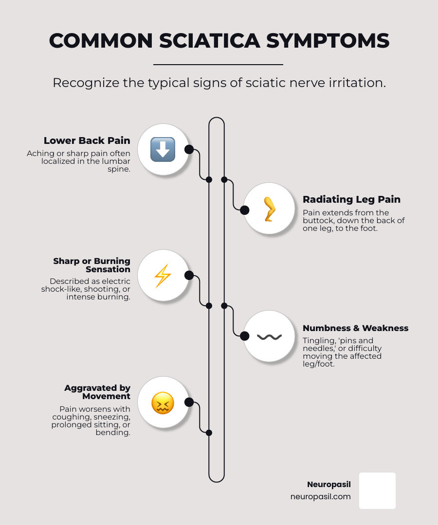 Comprehensive infographic showing sciatica symptoms including lower back pain radiating down one leg, sharp burning sensations, numbness and tingling in the leg and foot, weakness in leg muscles, and pain that worsens when sitting or coughing - how to relieve sciatic nerve pain infographic infographic-line-5-steps-neat_beige