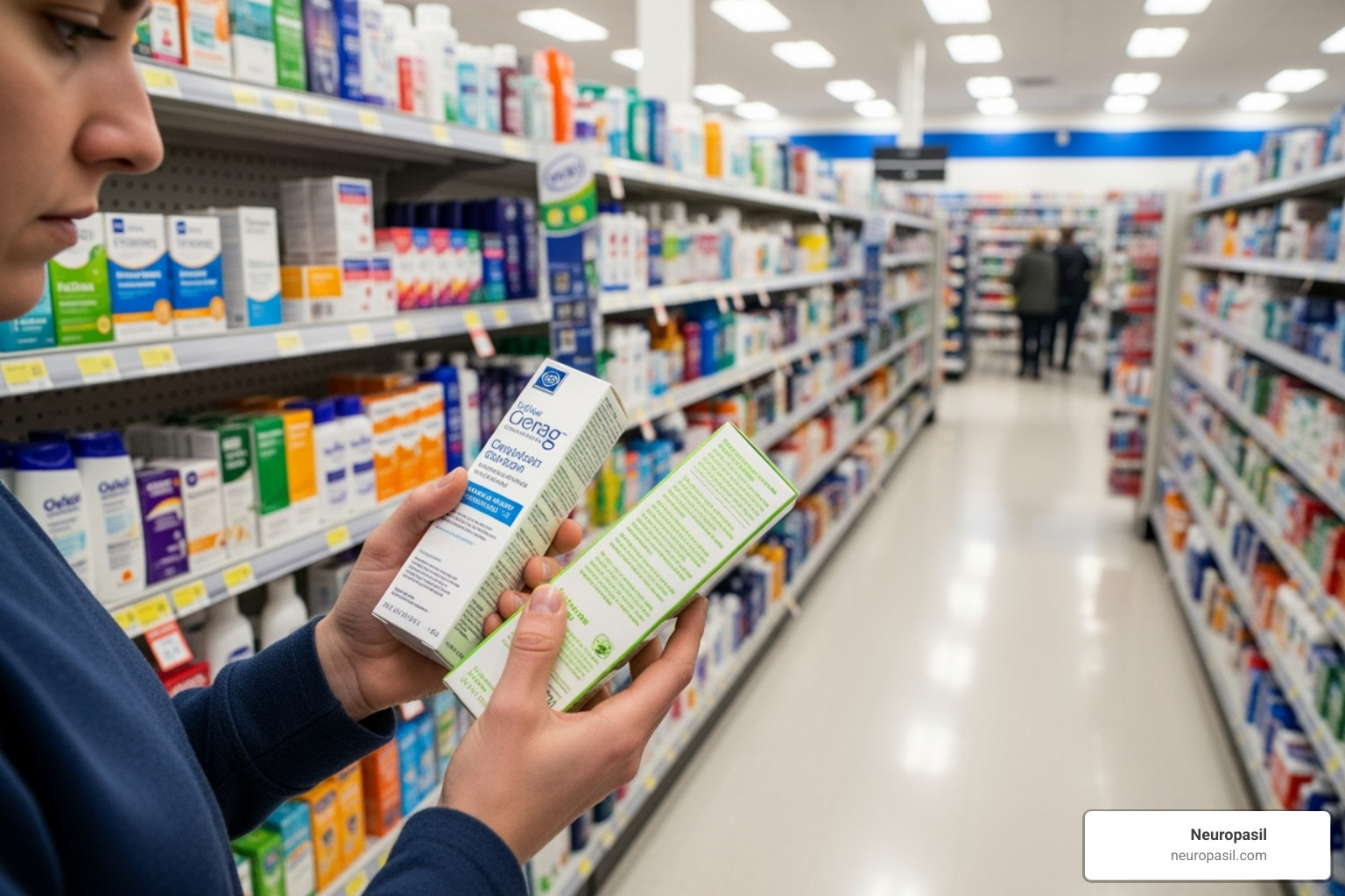 a person comparing two different cream boxes in a pharmacy aisle - foot neuropathy cream